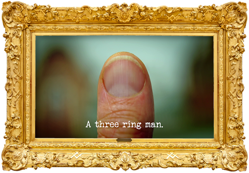 Photo of a thumb (referencing the 'Have the most exciting thumb war with Alex' task), with the episode title, 'A three ring man', superimposed on it.
