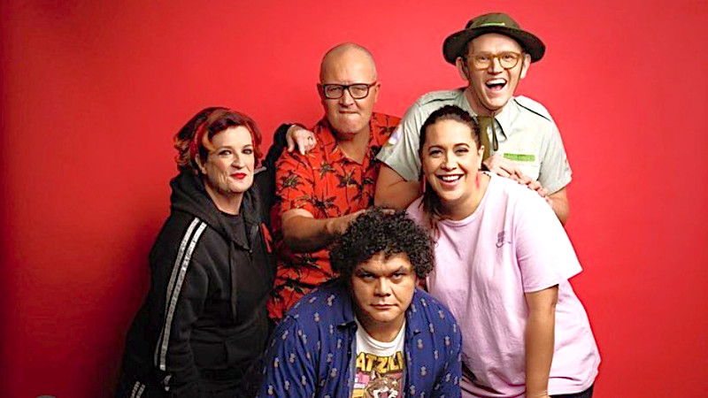 Group photo of the contestants appearing in season 3 of Taskmaster NZ. Left to right: Justine Smith, Paul Ego, Josh Thomson, Kura Forrester, and Chris Parker.
