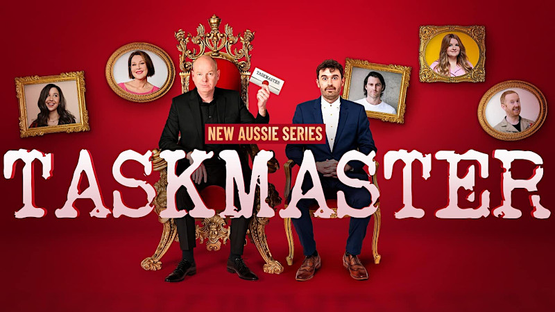 Promotional image for the first season of Taskmaster AU, featuring Tom Gleeson and Tom Cashman in the thrones of power, and mini-portraits of contestants Julia Morris, Luke McGregor, Jimmy Rees, Nina Oyama and Danielle Walker.