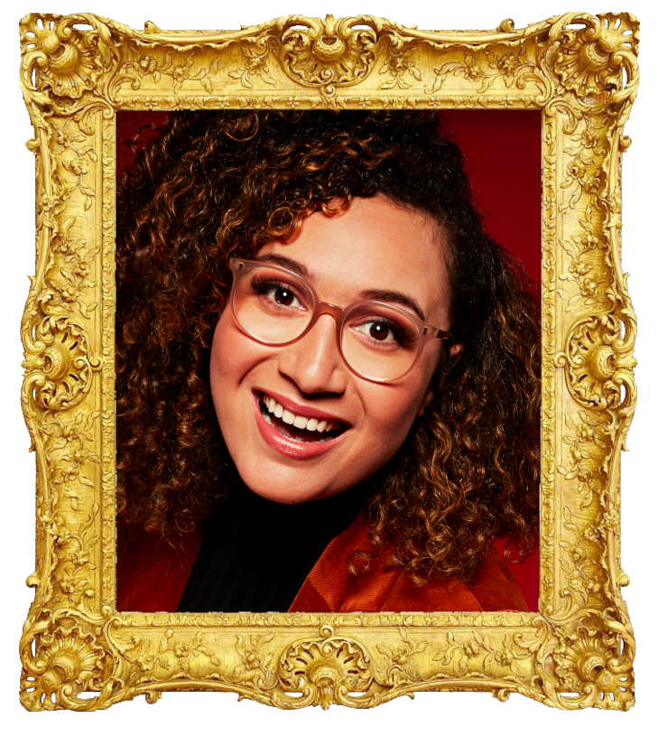 Headshot photo of Rose Matafeo surrounded with an ornate golden frame.