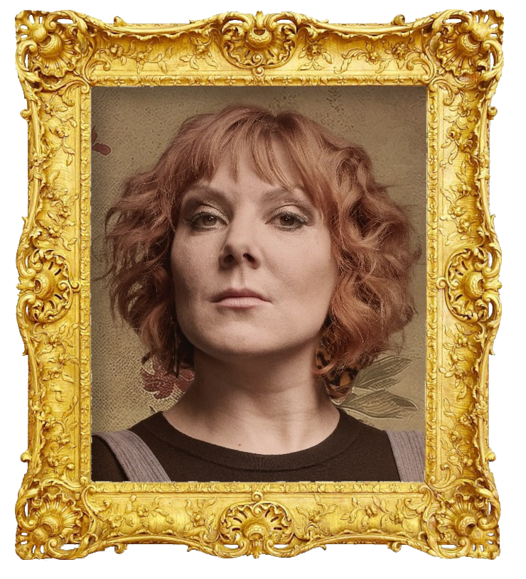 Headshot photo of Sophie Willan surrounded with an ornate golden frame.