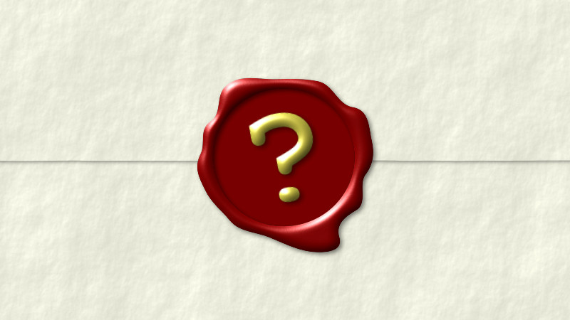Placeholder location image, featuring a question mark on a wax seal on a paper background texture