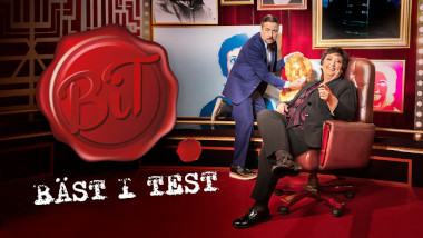 Cover image for the first season of the Swedish show Bäst i Test, picturing the hosts of the show.