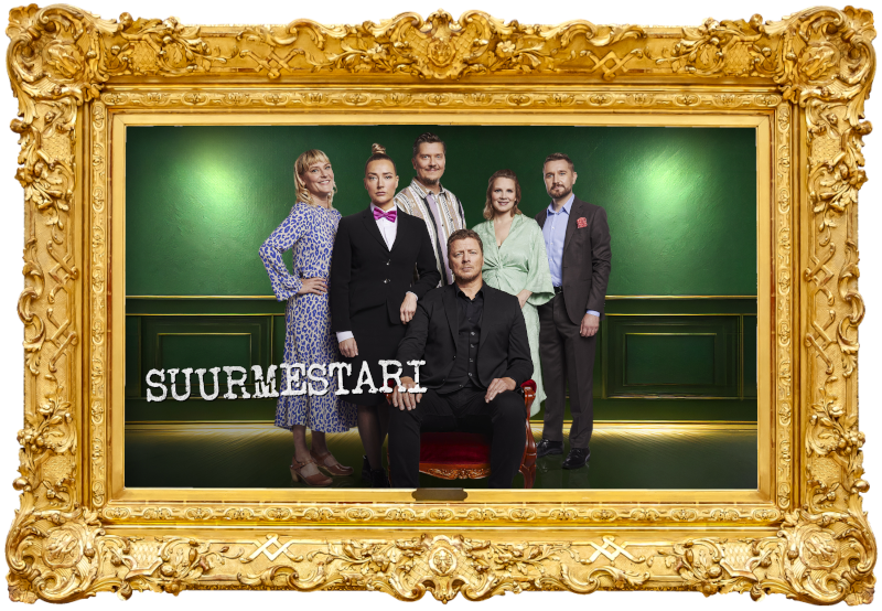 Cover image for the fifth season of the Finnish show Suurmestari, picturing the cast of the season.
