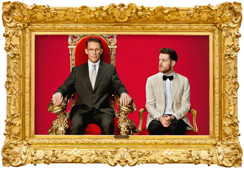 Cover image for the New Zealand show Taskmaster NZ, showing the hosts of the show, Jeremy Wells and Paul Williams.