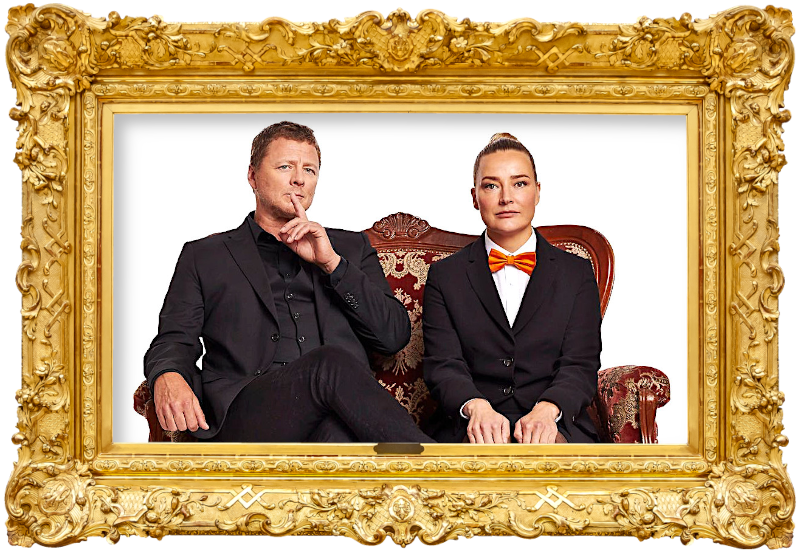 Cover image for the Finnish show Suurmestari, showing the hosts of the show, Jaakko Saariluoma and Pilvi Hämäläinen.