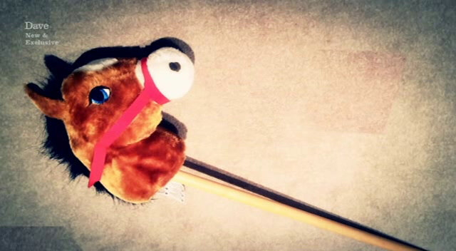 Image of a child’s hobby horse (a plush horse’s head on a wooden stick).