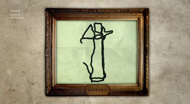 Roisin’s drawing of a sausage / bacon / a pregnant lady / the Angel of the North / a bunch of tulips, displayed in a frame.