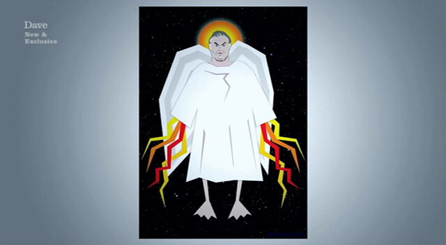 The commissioned portrait of the Taskmaster, portrayed as an angel with lightning for hands and duck’s feet.