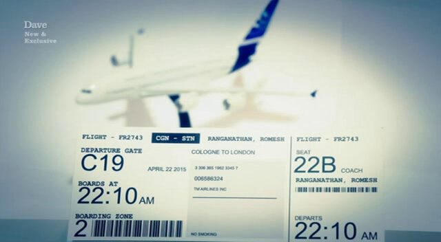 Image of a ticket for a return flight from Luton airport to Cologne, in Romesh Ranganathan’s name.