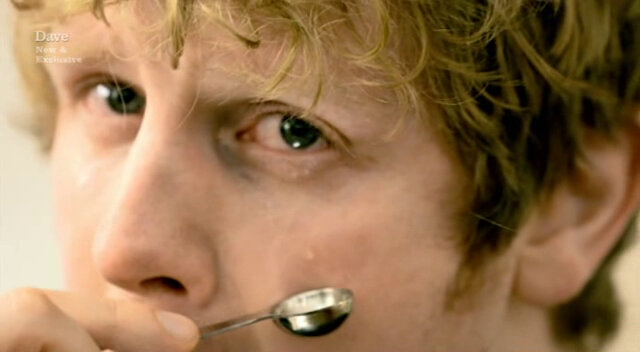 Close-up image of Josh Widdicombe capturing one of his own tears in a metal spoon.