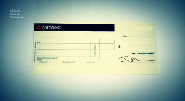 Image of a blank NatWest bank cheque, signed by Josh Widdicombe.
