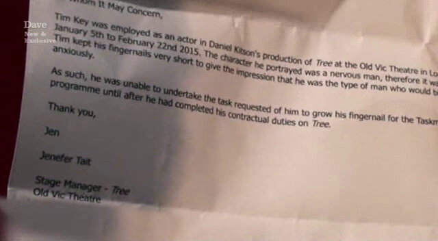 Image of Tim Key’s letter from the stage manager at the Old Vic Theatre, excusing him from being able to grow out a fingernail (but not a toenail...).