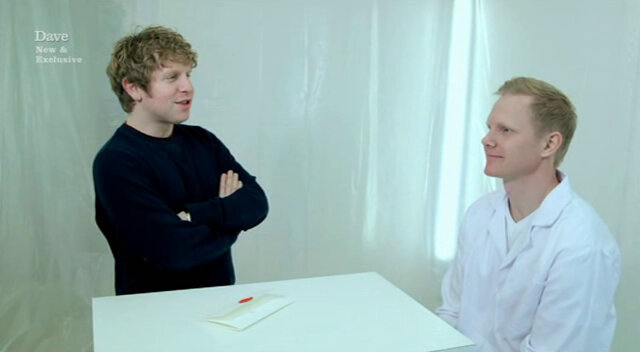 Image showing Josh Widdicombe’s clear discomfort with the entire premise of the task, as he stands several feet away from Fred the Swede with his arms folded.