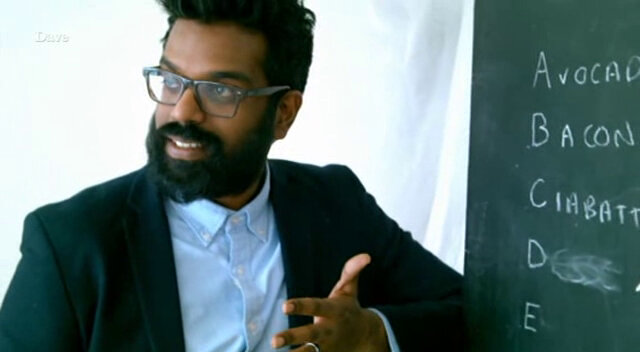 Image of Romesh Ranganathan contemplating whether bacon is the best ingredient for a meal made by a vegan.