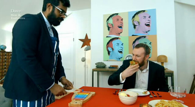 Image of Romesh providing a ‘soundscape’ for Alex’s meal, using his xylophone.