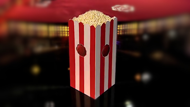 Image of the prize in this episode: a very large box of popcorn (100 litres in volume), referencing the ‘Protect the popcorn’ task.