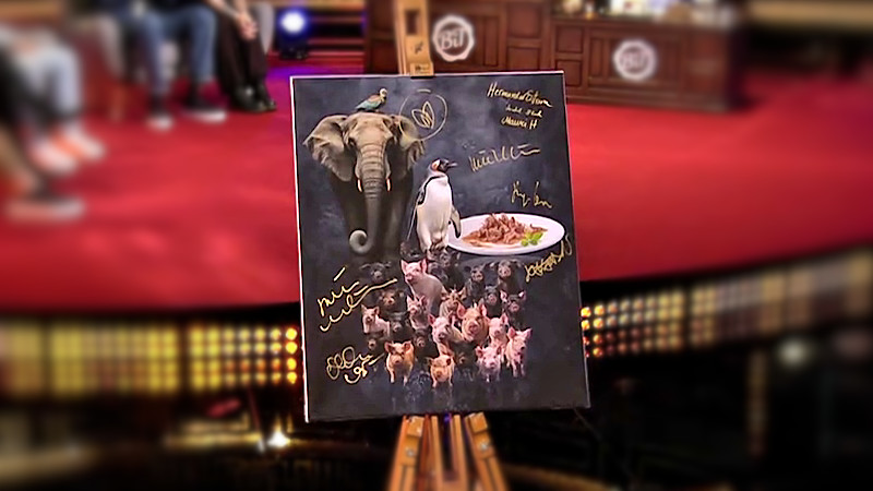 Image of the prize in this episode: the still life painting from the ‘Recreate Trausti’s painting' task, which has been autographed by Trausti and his whole family.