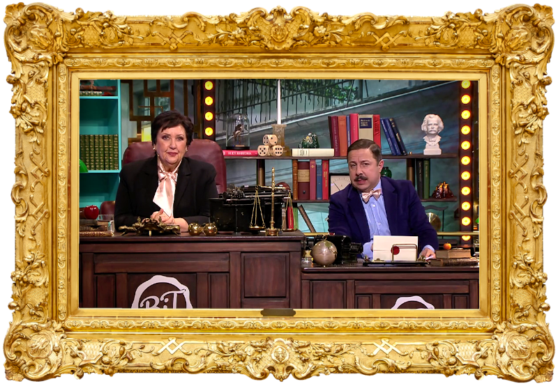 Image of the hosts of the show, Babben Larsson and David Sundin, sat at their desk together during the episode.