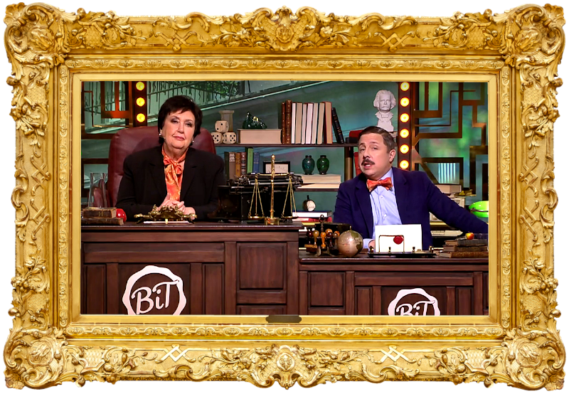 Image of the hosts of the show, Babben Larsson and David Sundin, sat at their desk together during the episode.