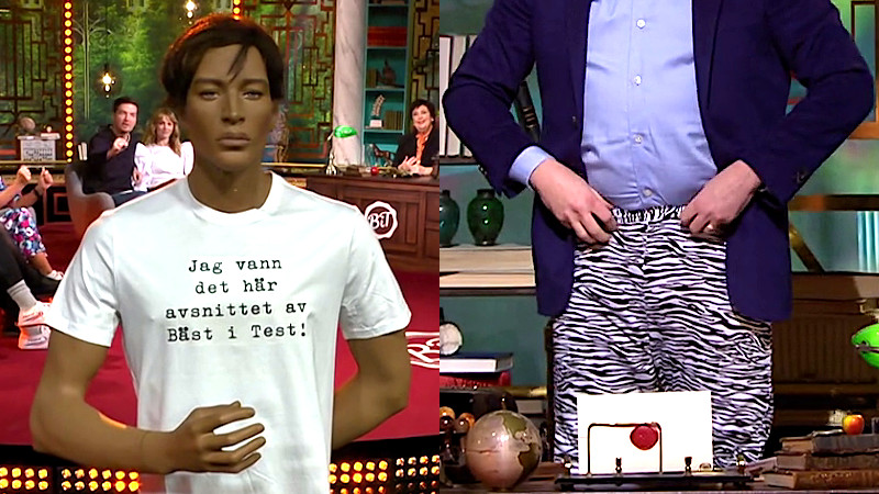 Image of the prize in this episode: a t-shirt featuring the phrase ‘Jag van det här avanittet av Bäst i Test! (‘I won this episode of Bäst i Test!’) and - at Babben’s suggestion -  the zebra leggings David had worn as a throw-away joke earlier in the show.