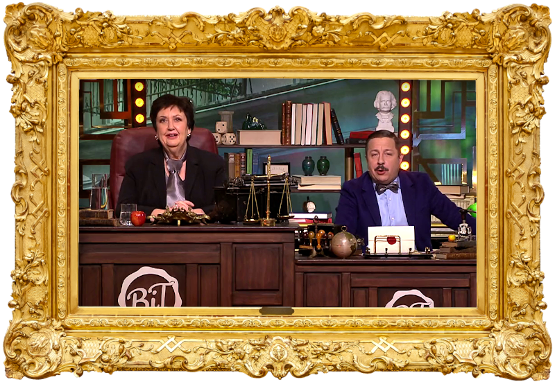 Image of the hosts of the show, Babben Larsson and David Sundin, sat at their desk together during the episode.