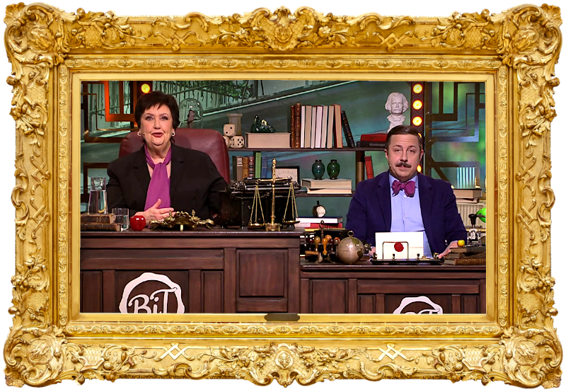 Image of the hosts of the show, Babben Larsson and David Sundin, sat at their desk together during the episode.