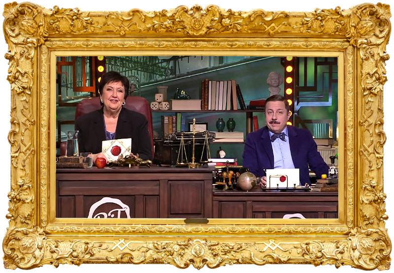 Image of the hosts of the show, Babben Larsson and David Sundin, sat at their desk together during the episode.