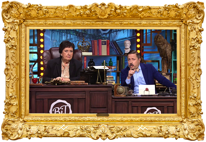 Image of the hosts of the show, Babben Larsson and David Sundin, sat at their desk together during the episode.