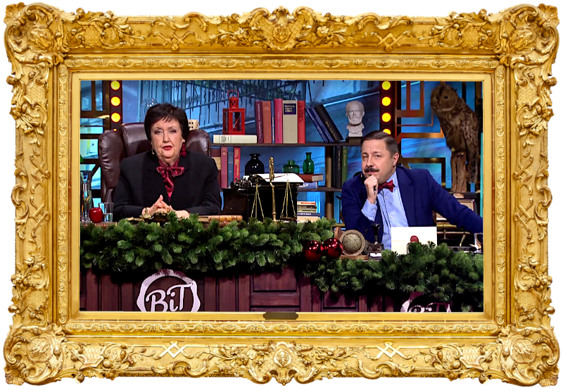 Image of the hosts of the show, Babben Larsson and David Sundin, sat at their desk together during the episode.