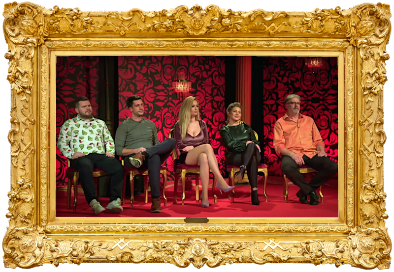 Image of the panel of contestants seated on stage together during this episode.