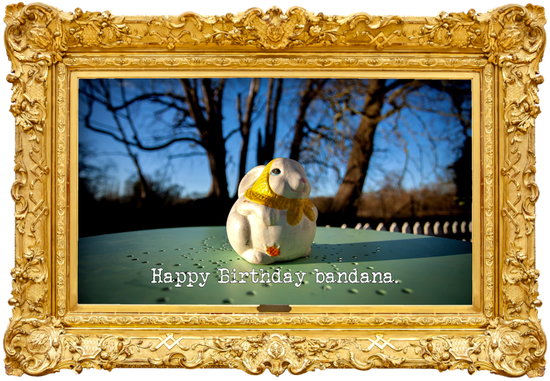 Photo of a white ceramic rabbit wearing a yellow scarf in the middle of a garden table (presumably outside the caravan), with the episode title, 'Happy Birthday bandana', superimposed on it.