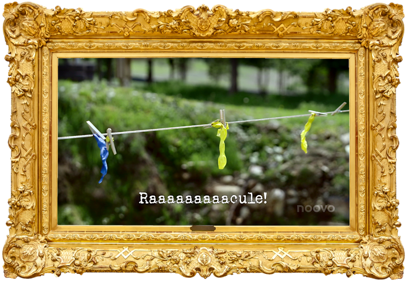 Image of a washing line with three burst balloons attached to it with pegs (taken during the 'Burst all of the balloons' task), with the episode title, 'Raaaaaaaacule!' ['Ruuuuuuuuuhverse!'] superimposed over the top.
