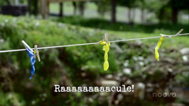 Image of a washing line with three burst balloons attached to it with pegs (taken during the 'Burst all of the balloons' task), with the episode title, 'Raaaaaaaacule!' ['Ruuuuuuuuuhverse!'] superimposed over the top.