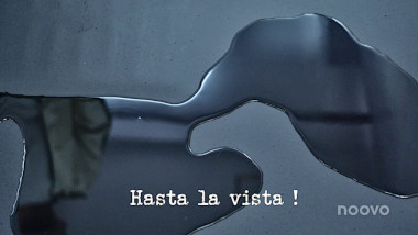 Image of a puddle of water on the floor of the lab (taken during the 'Make the scales read exactly 31.770kg' task), with the episode title, 'Hasta la vista!' superimposed over the top.