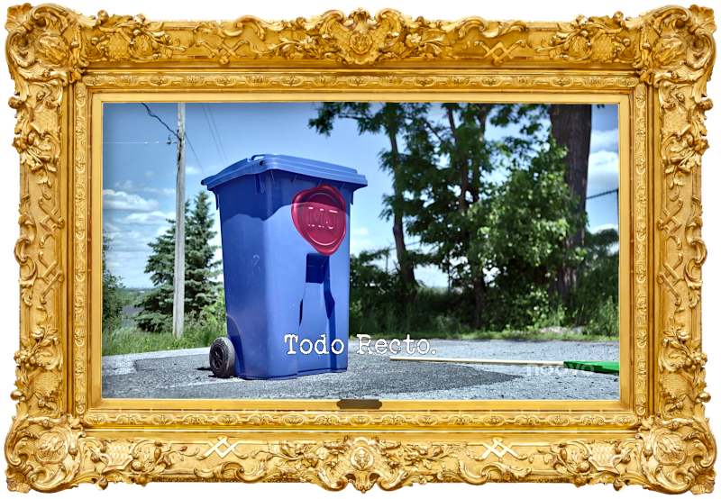 Image of a wheelie bin (taken during the 'Wheelie bin obstacle course' task), with the episode title, 'Todo recto' ['Straight ahead'] superimposed over the top.