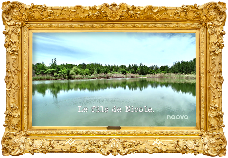 Image of the lake near the Le Maître du Jeu house (presumably a reference to where Matthieu Pepper tried to dispose of his ice block, during the 'Make a block of ice disappear' task), with the episode title, 'Le fils de Nicole' ['Nicole's son'] superimposed over the top.