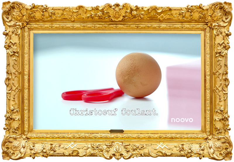 Image of an egg and a pair of scissors on a table (taken during the 'Get an egg as high as possible' task), with the episode title, 'Christoeuf Coulant' superimposed over the top.