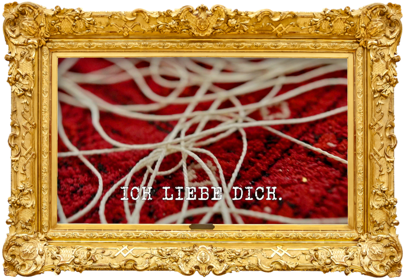 Image of a tangle of string on a red carpet (a reference to the 'Put a roll of string on the cushion' task), with the episode title, 'Ich liebe dich', superimposed on it.