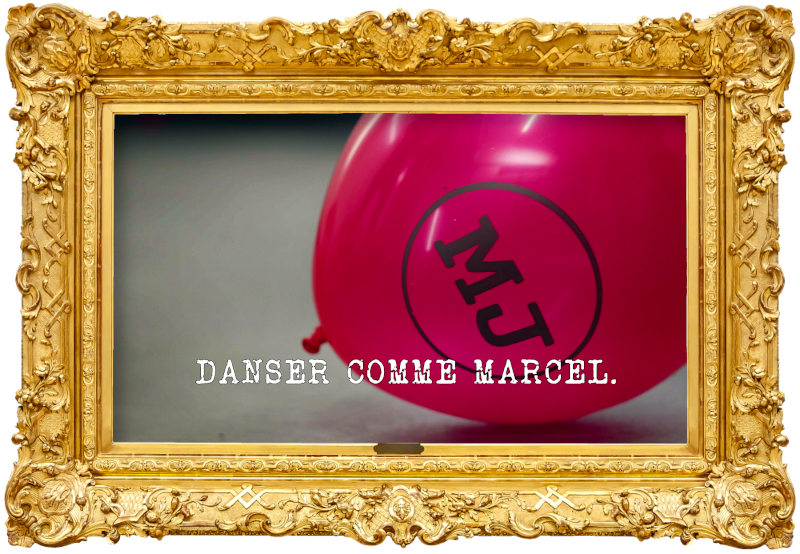 Image of an inflated red Le Maître du Jeu-branded balloon on the floor (a reference to the 'Inflate, tie, and pop the most balloons' task), with the episode title 'Danser comme Marcel' [Dance like Marcel] superimposed on it.