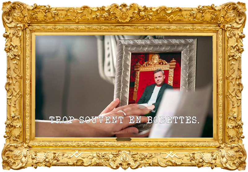 Image of a woman's hand touching a framed photo of Louis Morrisette on his throne (a reference to Virginie Fortin's attempt at the 'Declare your love for the Taskmaster' task), with the episode title 'Trop souvent en bobettes' [Too often in your undies] superimposed on it.