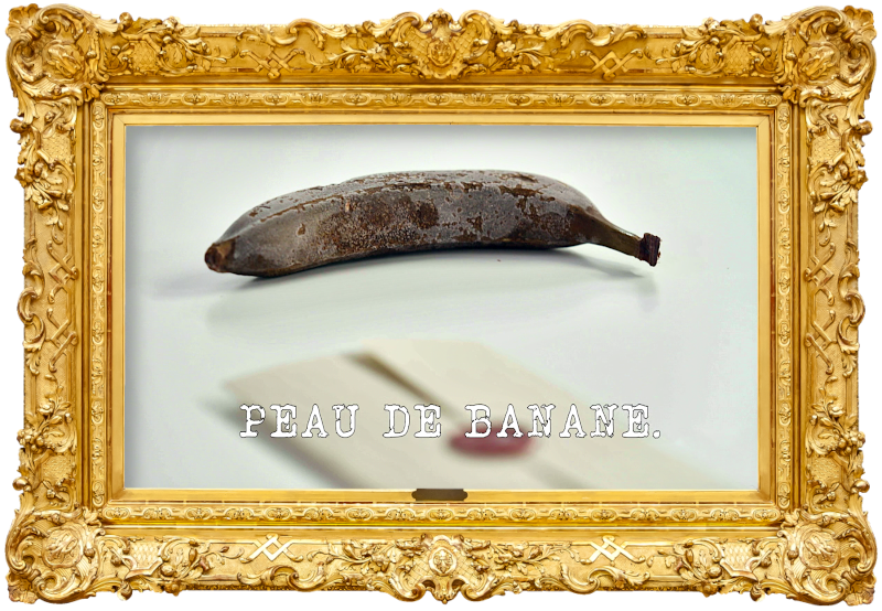 Image of a frozen banana laid on a table surface (a reference to the 'Put the banana in the bottle' task), with the episode title 'Peau de banane' [Banana peel] superimposed on it.