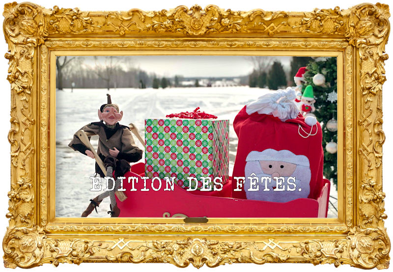 Image of a sleigh containing an elf, a gift, and a sack with a Santa Claus design on it (a reference to the 'Blow up a balloon / Spot the difference' task), with the episode title 'Édition des Fêtes' [Holiday Special] superimposed on it.