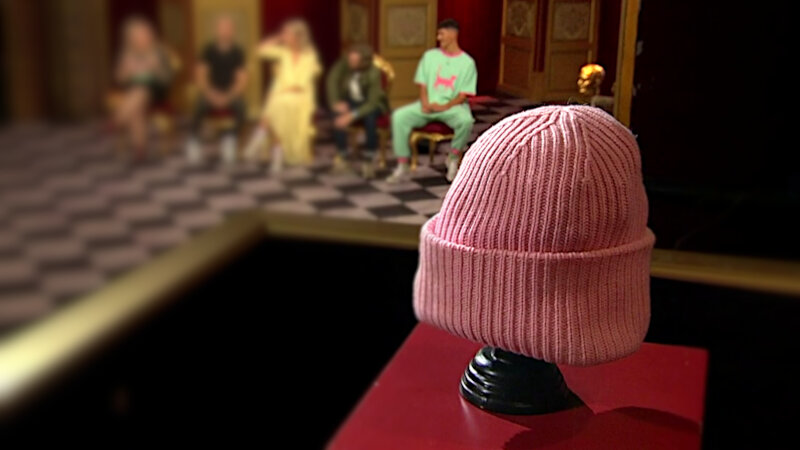 Image of the prize up for grabs in this episode: Linda P's last hat - a pink knitted beanie hat.