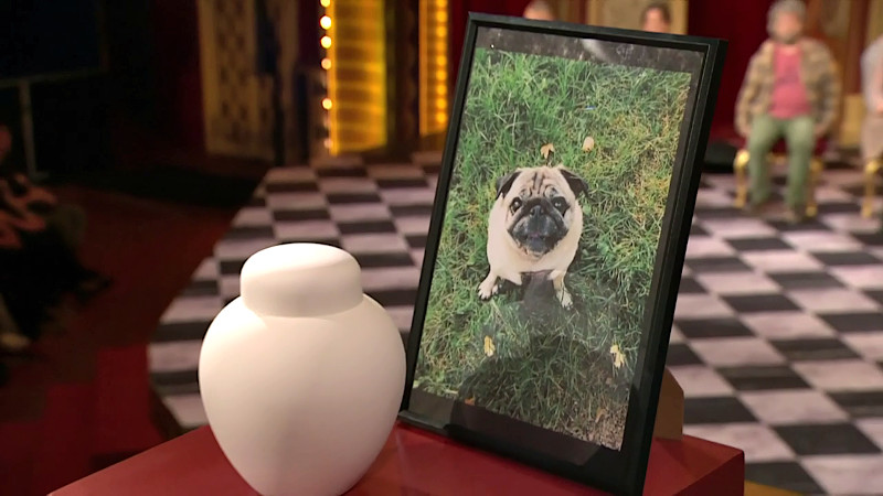 Image of the prize in this episode: an urn containing the ashes of Kathrine Abrahamsen’s deceased dog, Bertha.