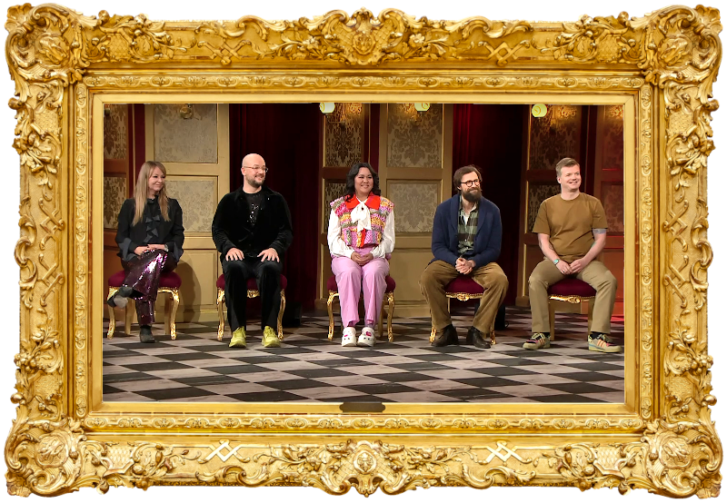 Image of the panel of contestants seated on stage together during this episode.