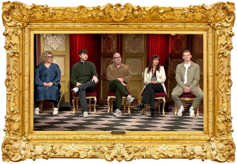 Image of the panel of contestants seated on stage together during this episode.