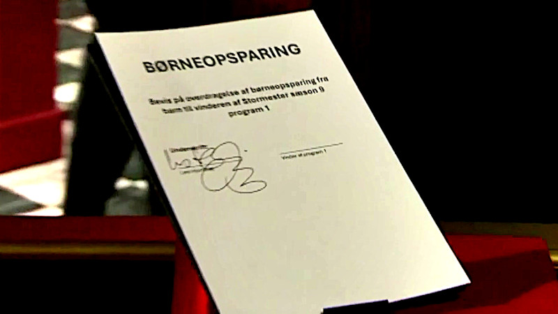 Image of the prize in this episode: an agreement to sign over the contents of Lars Hjortshøj’s youngest child’s savings account to the winner.