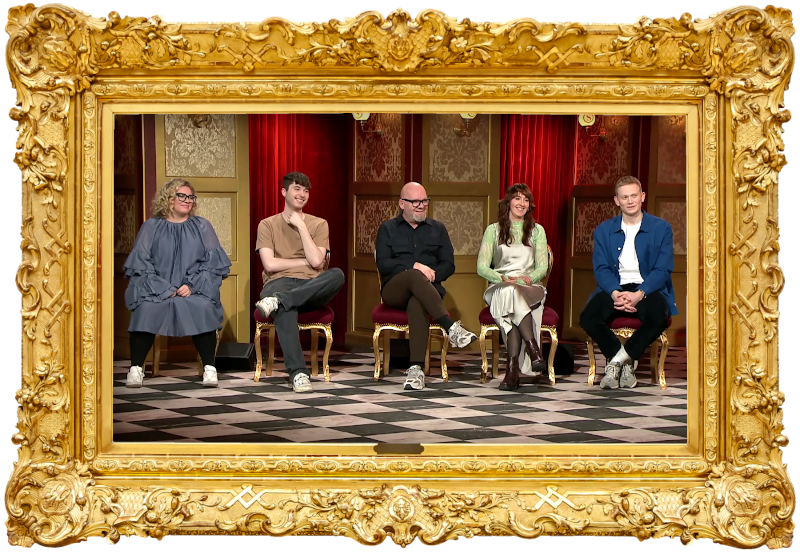 Image of the panel of contestants seated on stage together during this episode.