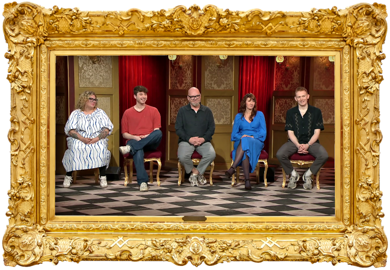 Image of the panel of contestants seated on stage together during this episode.